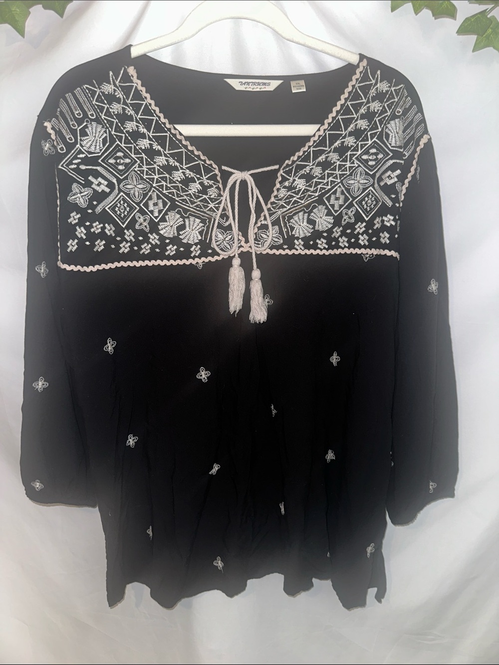 Tantrums Black Tunic with White Embroidered Yoke and Tassel Tie